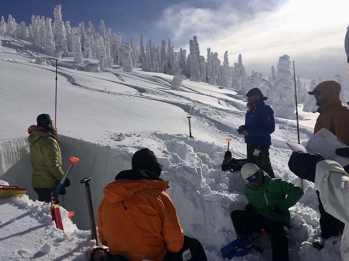 Students surround a snow observation pit listening to course instructor Kevin Stolbrock during an AIARE 1 course at Selkirk Powder in 2019.