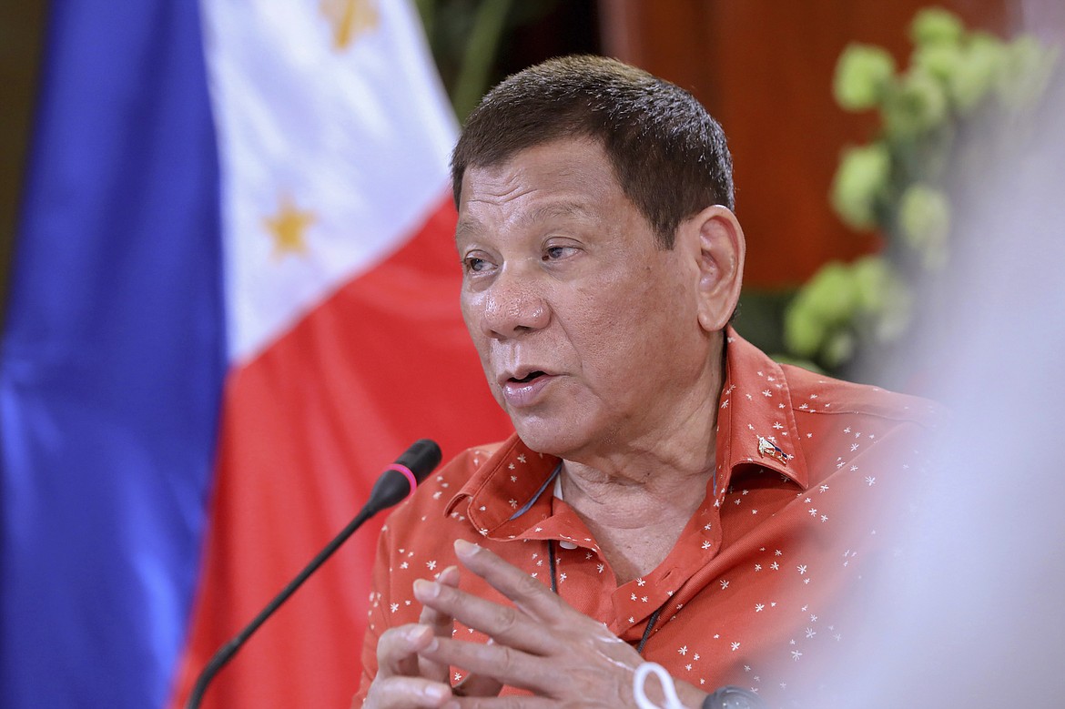 In this photo provided by the Malacanang Presidential Photographers Division, Philippine President Rodrigo Duterte speaks during a meeting at the Malacanang presidential palace in Manila, Philippines on Monday Oct. 19, 2020. The Philippine president has said he could be held responsible for the thousands of killings under his anti-drugs crackdown and was ready to face charges, except crimes against humanity, that could land him in jail.