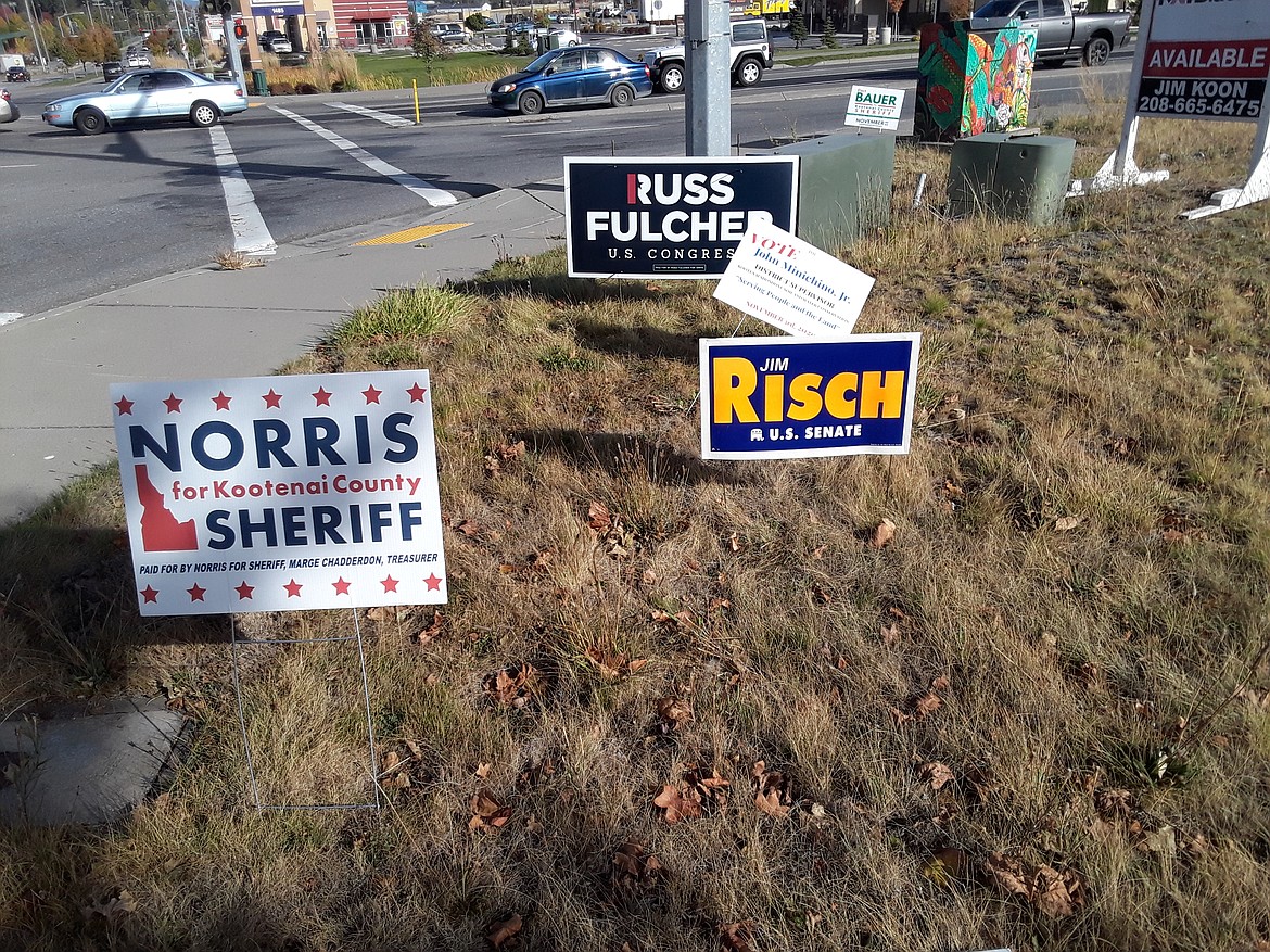 This time of year, political yard signs multiply along high-profile intersections, like this gaggle of campaign signs at the corner of Appleway and Ramsey in Coeur d'Alene.