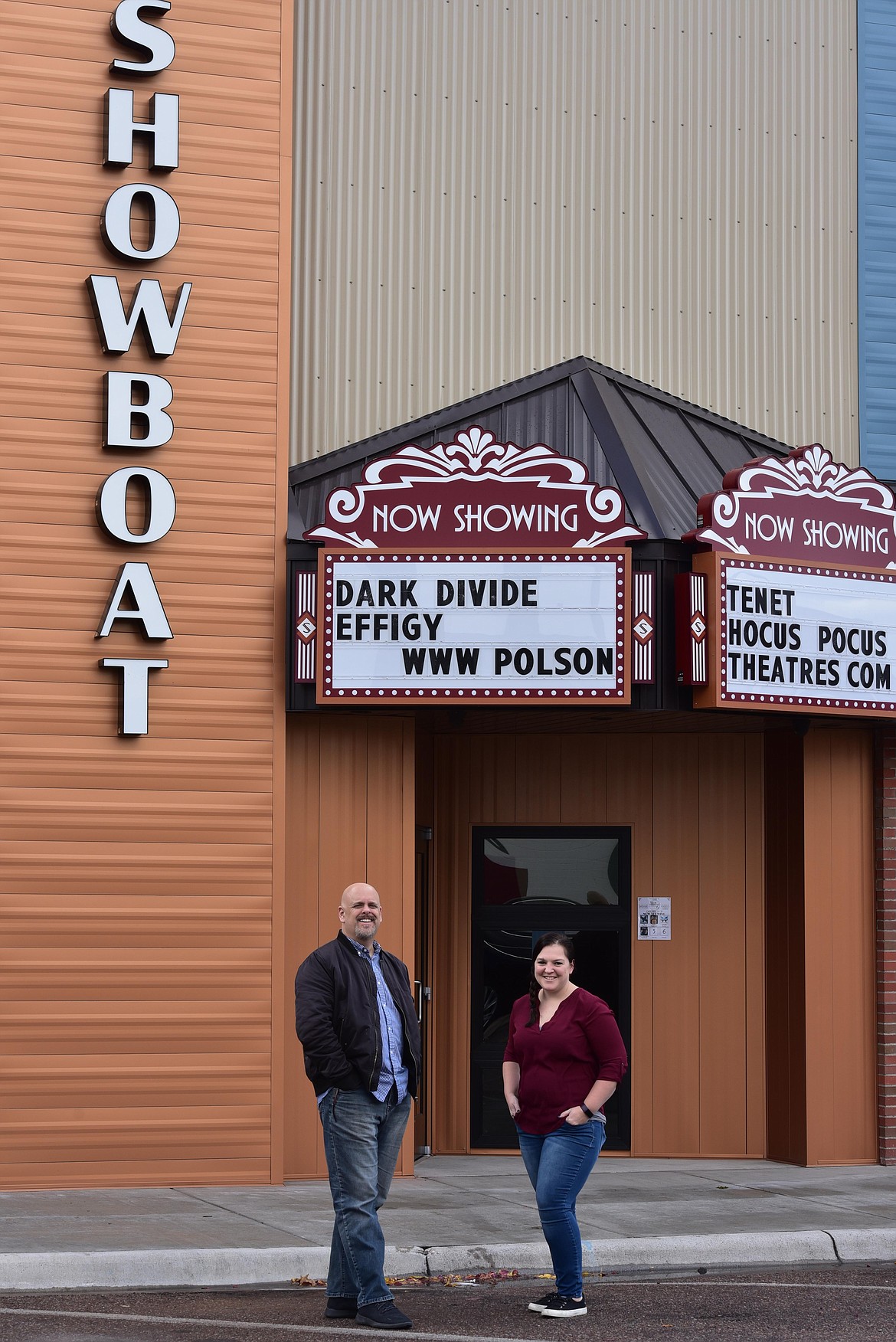 Filmmakers Brandon Smith and Eden Bryant of Second Wind Productions stand outside the newly remodeled Showboat Stadium 6 at 416 Main St. in Polson. (Scot Heisel/Lake County Leader)