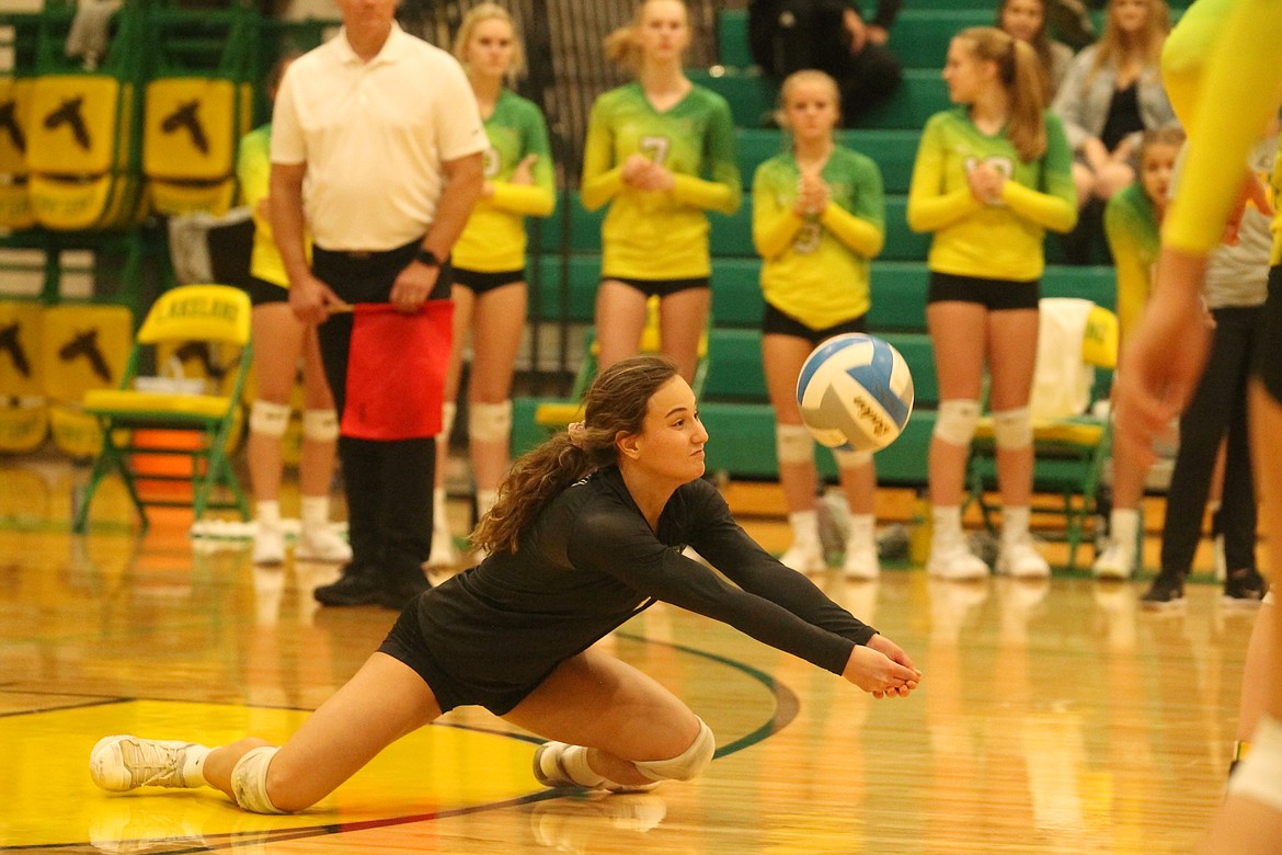 MARK NELKE/Press
Olivia Cooper of Lakeland makes one of her 21 digs during Thursday's victory over Sandpoint in the 4A Region 1 volleyball championship match in Rathdrum.