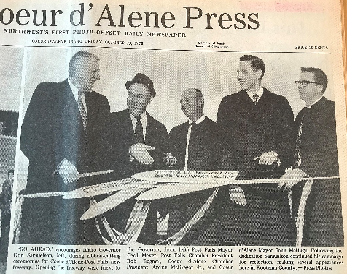 Don Samuelson (far left) cutting the ribbon to open I-90. With Samuelson are (from left): Post Falls Mayor Cecil Meyer, Post Falls Chamber President Bob Bogner, CdA Chamber President Archie McGregor Jr., and Cda Mayor John McHugh. (From CDA Press, Oct. 23, 1970)