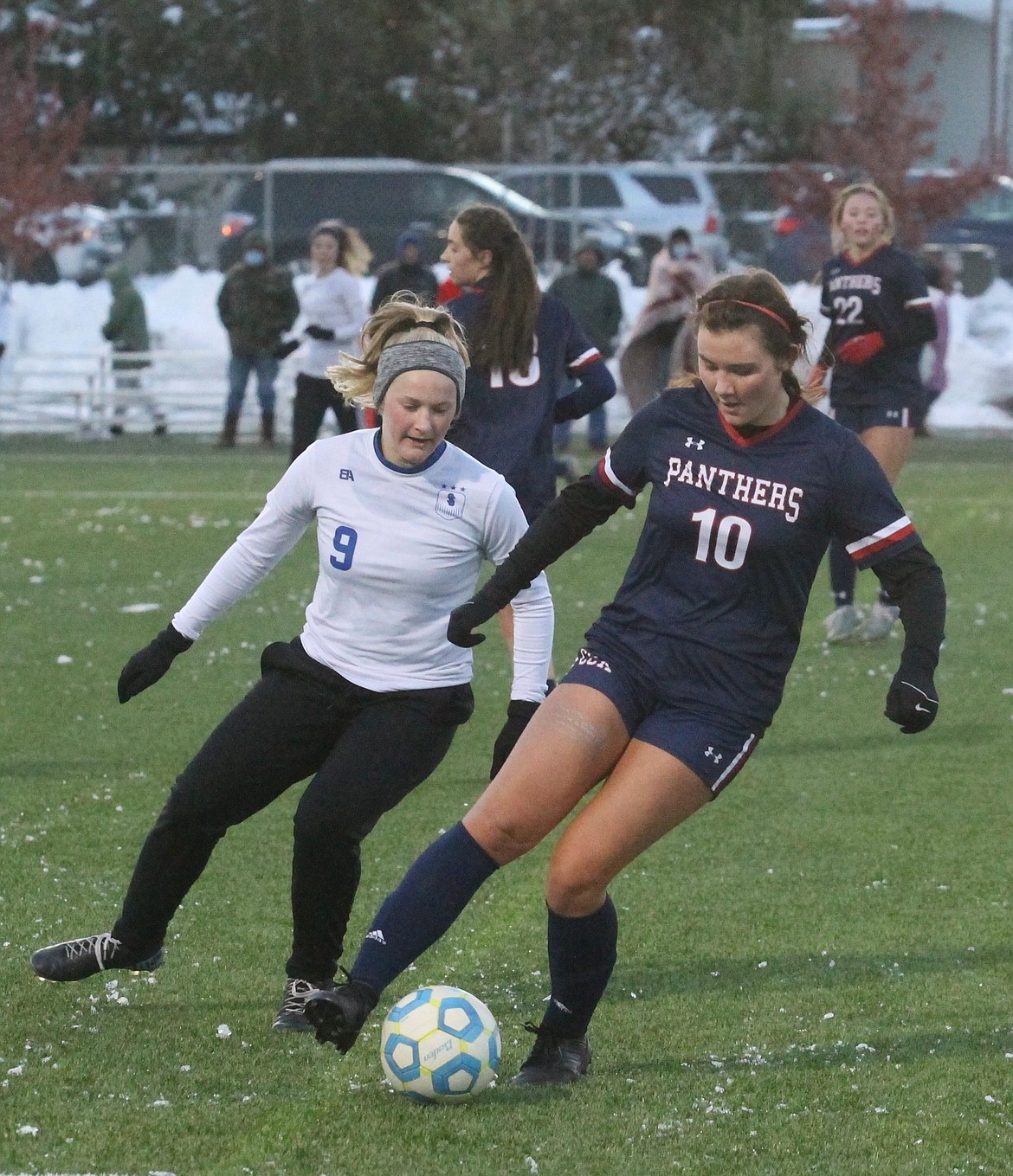 JASON ELLIOTT/Press
Coeur d'Alene Charter junior midfielder Ava Shivers passes the ball away from Sugar-Salem junior defender Addi Christensen during the second half of Saturday's state 3A soccer championship match at The Fields in Post Falls.