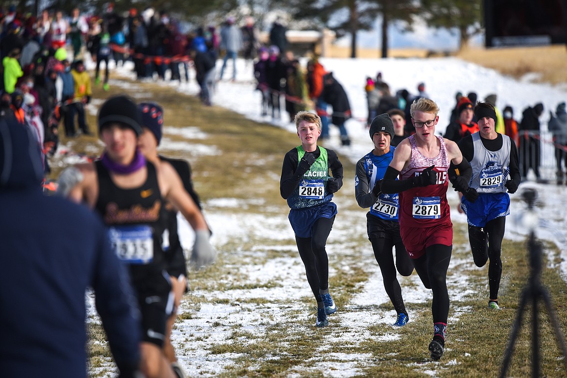 Glacier's Sam Ells approaches the finish line at the Class AA boys' state meet at Rebecca Farm on Saturday. (Casey Kreider/Daily Inter Lake)