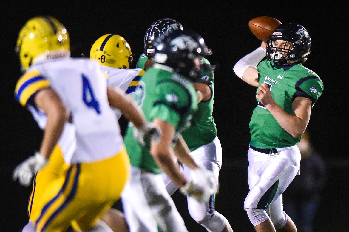 Glacier quarterback JT Allen (3) looks to pass in the first quarter against Missoula Big Sky at Legends Stadium on Friday. (Casey Kreider/Daily Inter Lake)