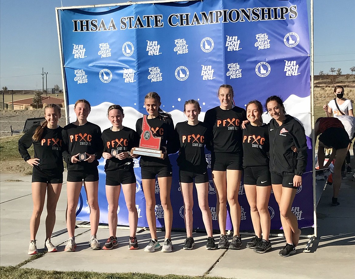 Photo courtesy of POST FALLS ATHLETICS
The Post Falls girls cross country team finished runner-up in the state 5A meet at the Portneuf Wellness Complex on Friday in Pocatello. From left, are: Leah Holding, Sammie Wood, Alahna Lien, Anna Peters, Emily Lind, Emily Lindsey, Cassidy Olsen, Erica Mundt and Kaley Bohl.