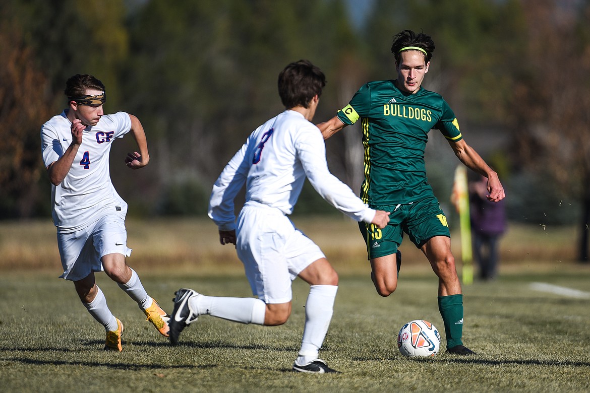 Whitefish's Joshua Gunderson (13) pushes the ball upfield against Columbia Falls during the Class A boys soccer championship at Smith Fields in Whitefish on Saturday. (Casey Kreider/Daily Inter Lake)