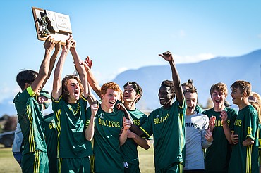 Whitefish celebrates after defeating Columbia Falls 3-0 in the Class A boys soccer championship at Smith Fields in Whitefish on Saturday. (Casey Kreider/Daily Inter Lake)
