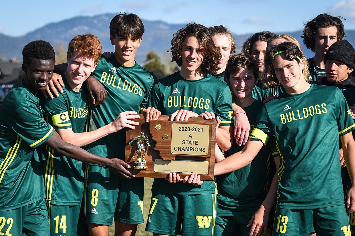 Whitefish celebrates after defeating Columbia Falls 3-0 in the Class A boys soccer championship at Smith Fields in Whitefish on Saturday. (Casey Kreider/Daily Inter Lake)