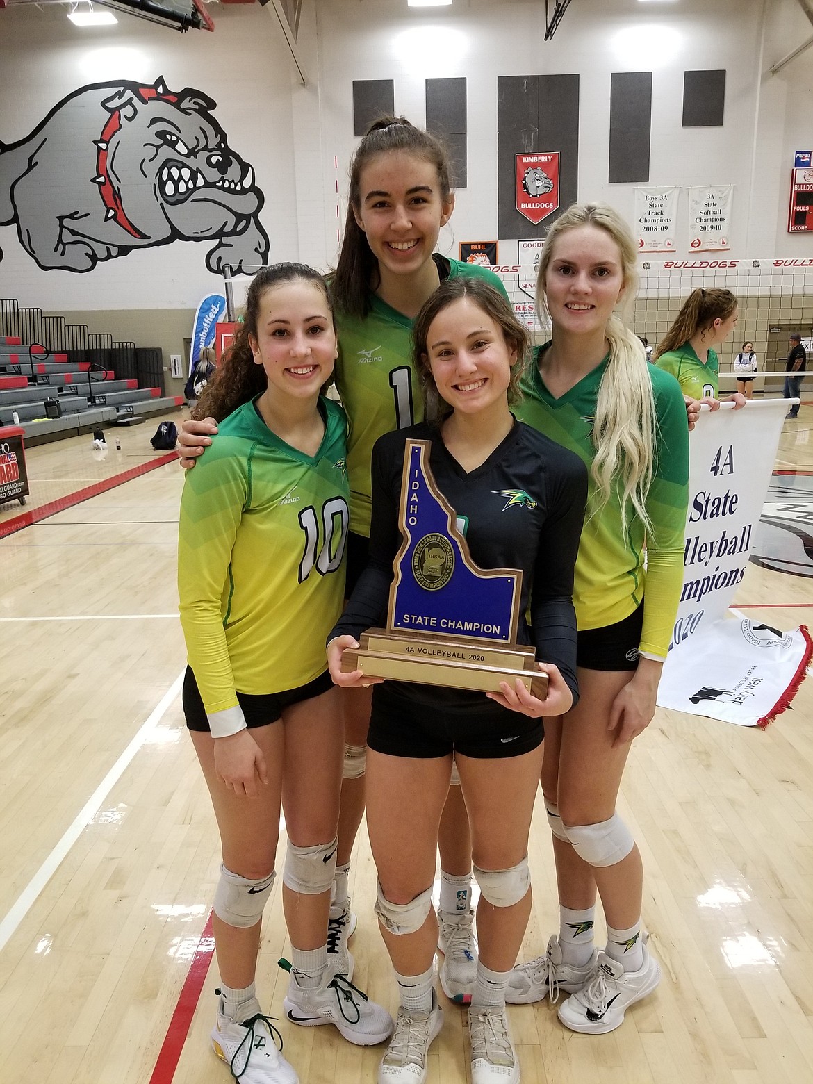 Courtesy photo
Lakeland's four seniors pose with the trophy after winning the state 4A volleyball championship Saturday night at Kimberly High. Clockwise from upper left: Katy Ryan, Jozee Russell, Olivia Cooper and Abbey Neff.
