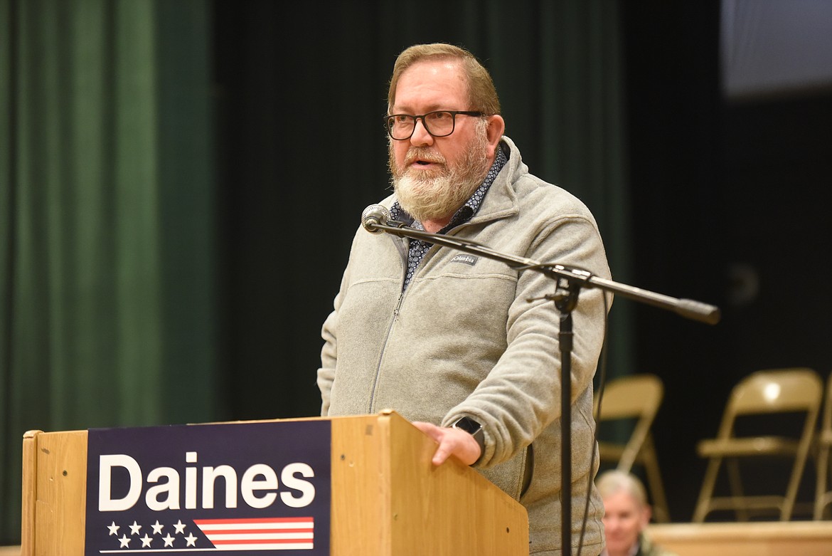 Lincoln County Commissioner Mark Peck (D-1), who is running unopposed for reelection, spoke to voters during a Nov. 1 rally. Republican candidates up and down the ballot converged on Libby in a final effort to raise support before Election Day.