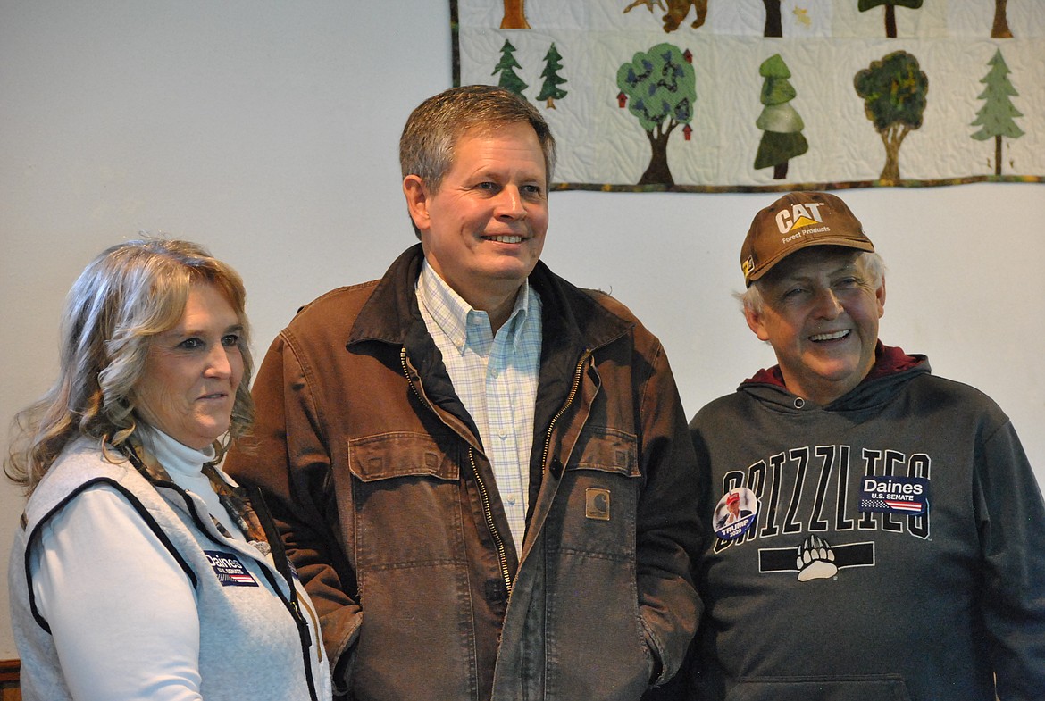 Mineral County Commissioners Laurie Johnson and Duane Simons joined Senator Steve Daines at a rally last Saturday at the St. Regis Community Center. (Amy Quinlivan/Mineral Independent)