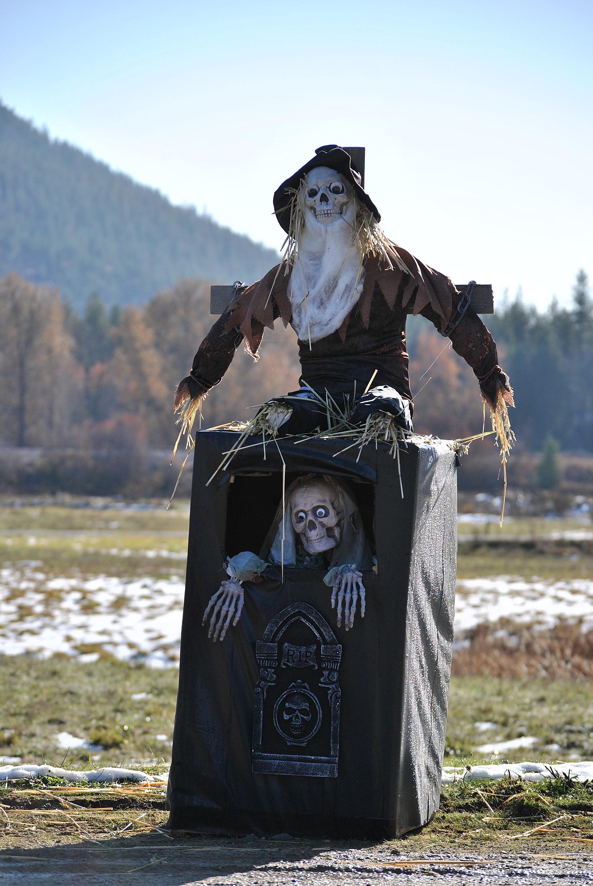 Second place in the St. Regis Scarecrow Row went to Marie Lewis of St. Regis for her spooky skeleton duo. (Amy Quinlivan/Mineral Independent)