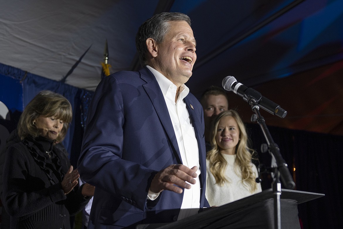 Sen. Steve Daines, R-Mont., addresses his supporters after winning re-election, late Tuesday, Nov. 3, 2020, in Bozeman, Mont. (AP Photo/Tommy Martino)