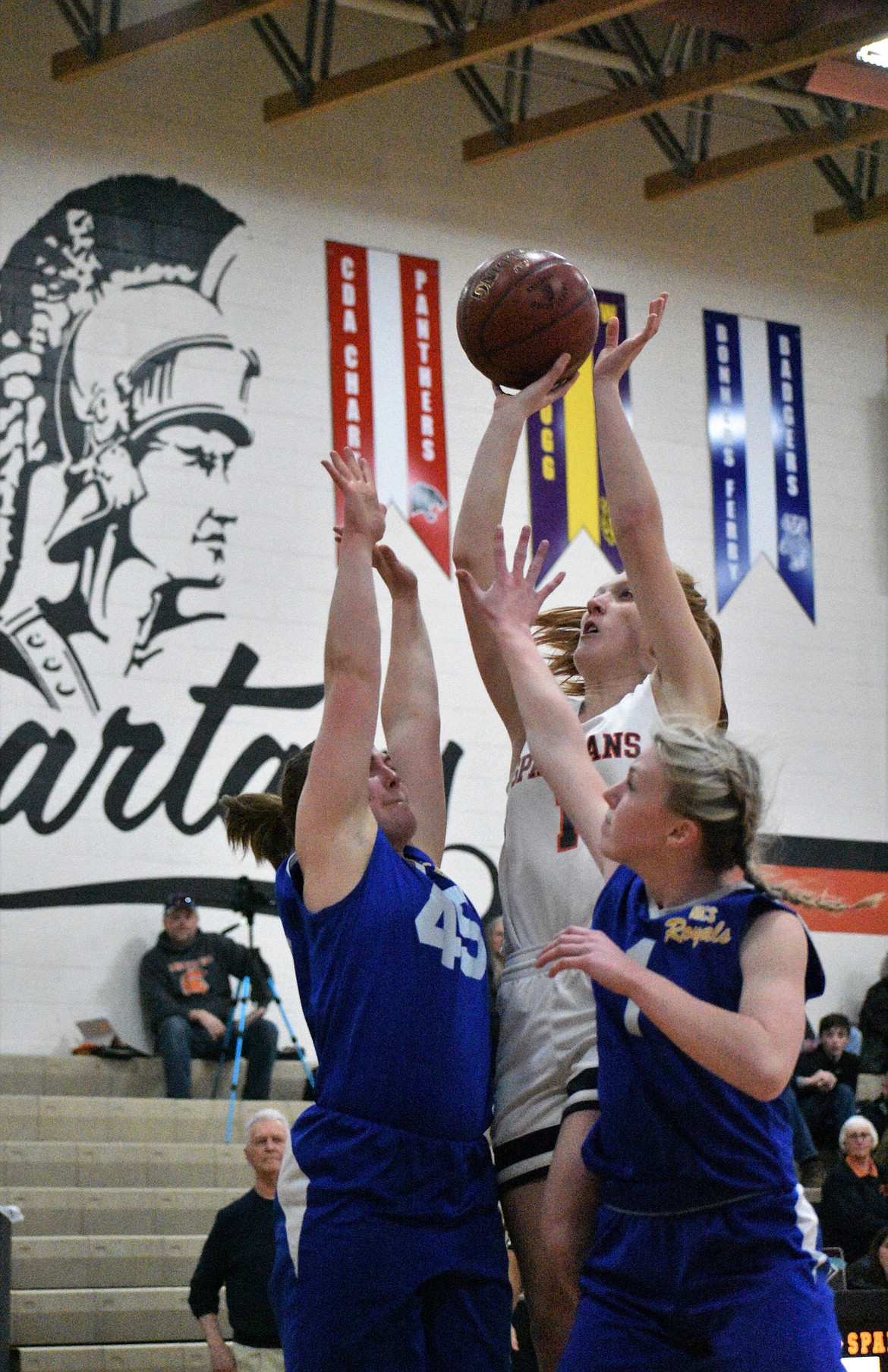 Makia Fitzmorris puts up a shot over a pair of North Idaho Christian defenders during a game on Jan. 30, 2020, at PRLHS. Fitzmorris, a senior, will be one of several key returners for the Spartans this season.