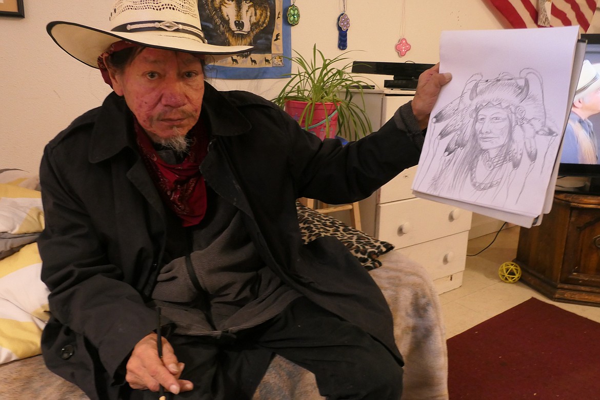 In 20 minutes, Gerald "Quick Draw" Weaselhead produced this sketch while carrying on a conversation. It looks very much like a younger Gerald Weaselhead, which he modestly denies. (Carolyn Hidy/Lake County Leader)