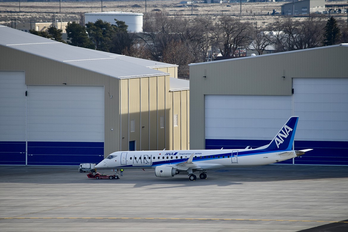 Mitsubishi's SpaceJet regional jet in the livery of Japan's All-Nippon Airways on the ramp of the Grant County International Airport in January, 2019.