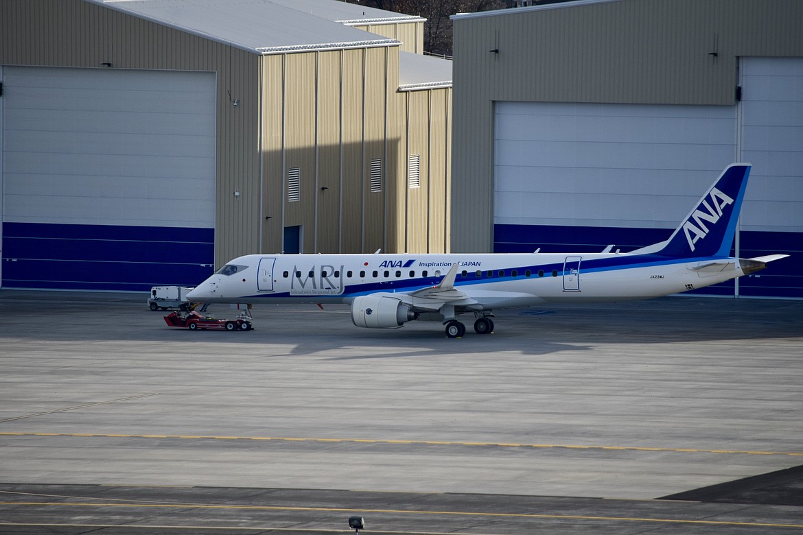 Mitsubishi's SpaceJet regional jet in the livery of Japan's All-Nippon Airways on the ramp of the Grant County International Airport in January, 2019.