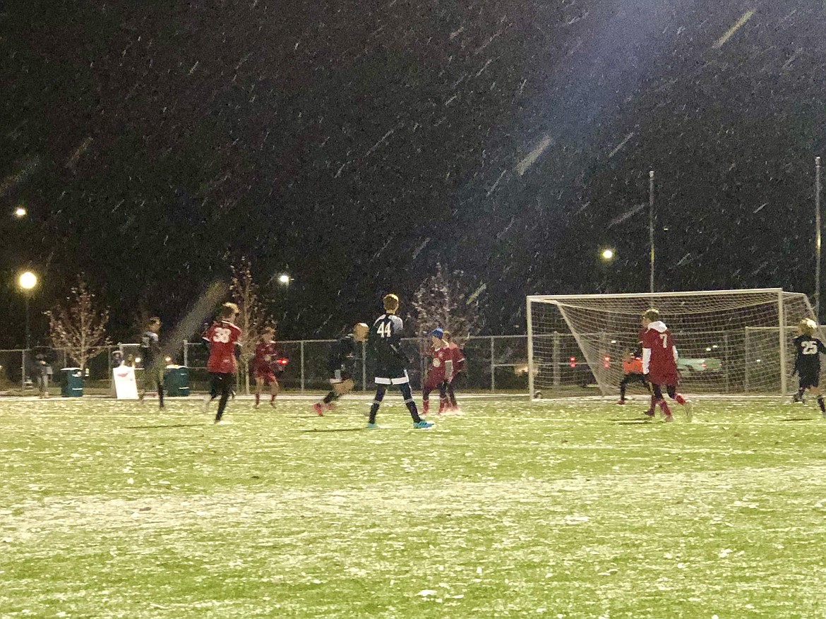 Courtesy photo
The Timbers North FC 06 Boys White soccer team fought through the snow on Sunday to beat Washington East B 1-0. Caleb Hilliker made the winning goal. Gavan Miles had 10 saves. On Saturday, the Timbers beat 3RSC ’06 White 5-0. Goals were scored by Logan Delbridge (2 goals), Paul Hirschi (2 goals,  assist), then 3 players crashed the middle to score the goal with assist from Brant Donovan. Gavan Miles had 3 saves.