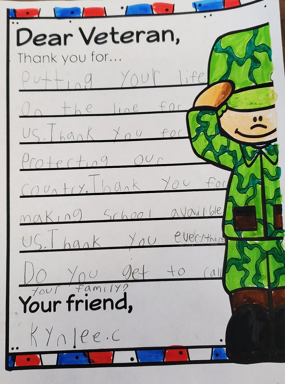 In honor of Veterans Day, Treaty Rock Elementary is sending letters and drawings to local vets and military deployed around the world. Second-grader Kynlee Chambers wrote in her letter to a veteran: "Thank you for putting your life on the line for us."