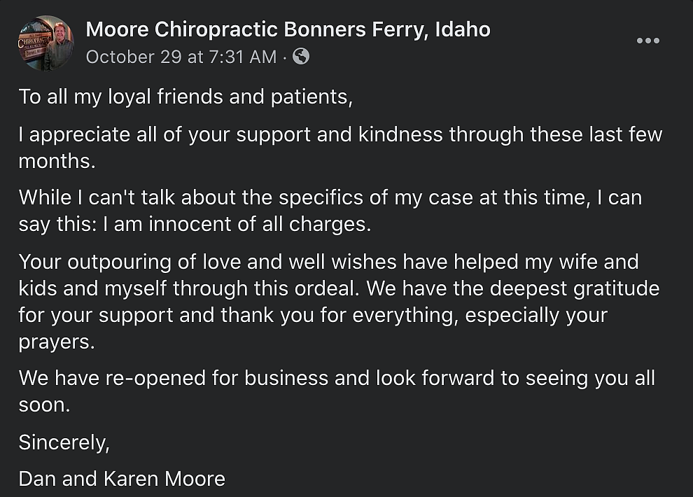 Message posted on Moore's Chiropractic Facebook page.