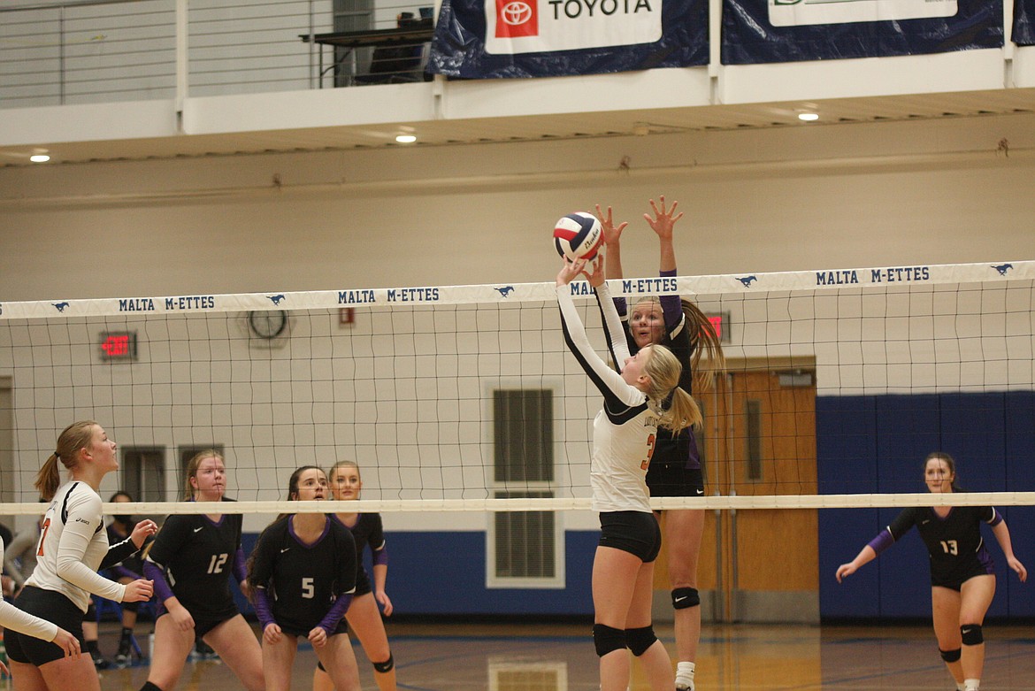 Charlo's Carlee Fryberger goes up to defend against Plentywood at the class C state volleyball tournament in Malta. At left are Connor Fryberger (12) Hayleigh Smith (5) and Kassidi Cox. At right is MollyKate Sullivan (13). (Pierre Bibbs/Phillips County News)