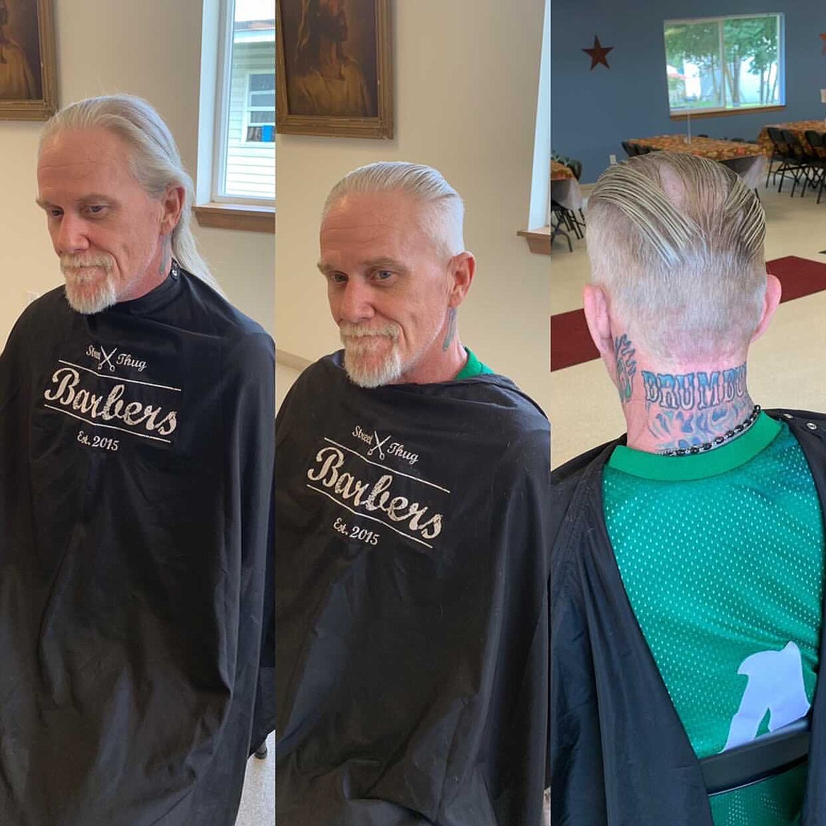 A before, during, and after photo of a HELP Center client who had his hair cleaned up by Paul Nemec through the Street Thug Barbers program. Photo courtesy Paul Nemec.