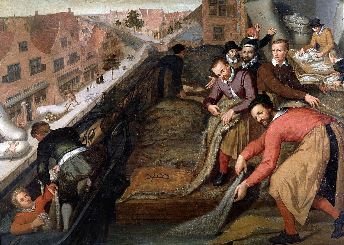 Painting by Dutch Renaissance artist Isaac van Swanenburg (1537-unknown) depicting textile workers in Leyden, Holland, like the Separatists, washing hides and grading wool.