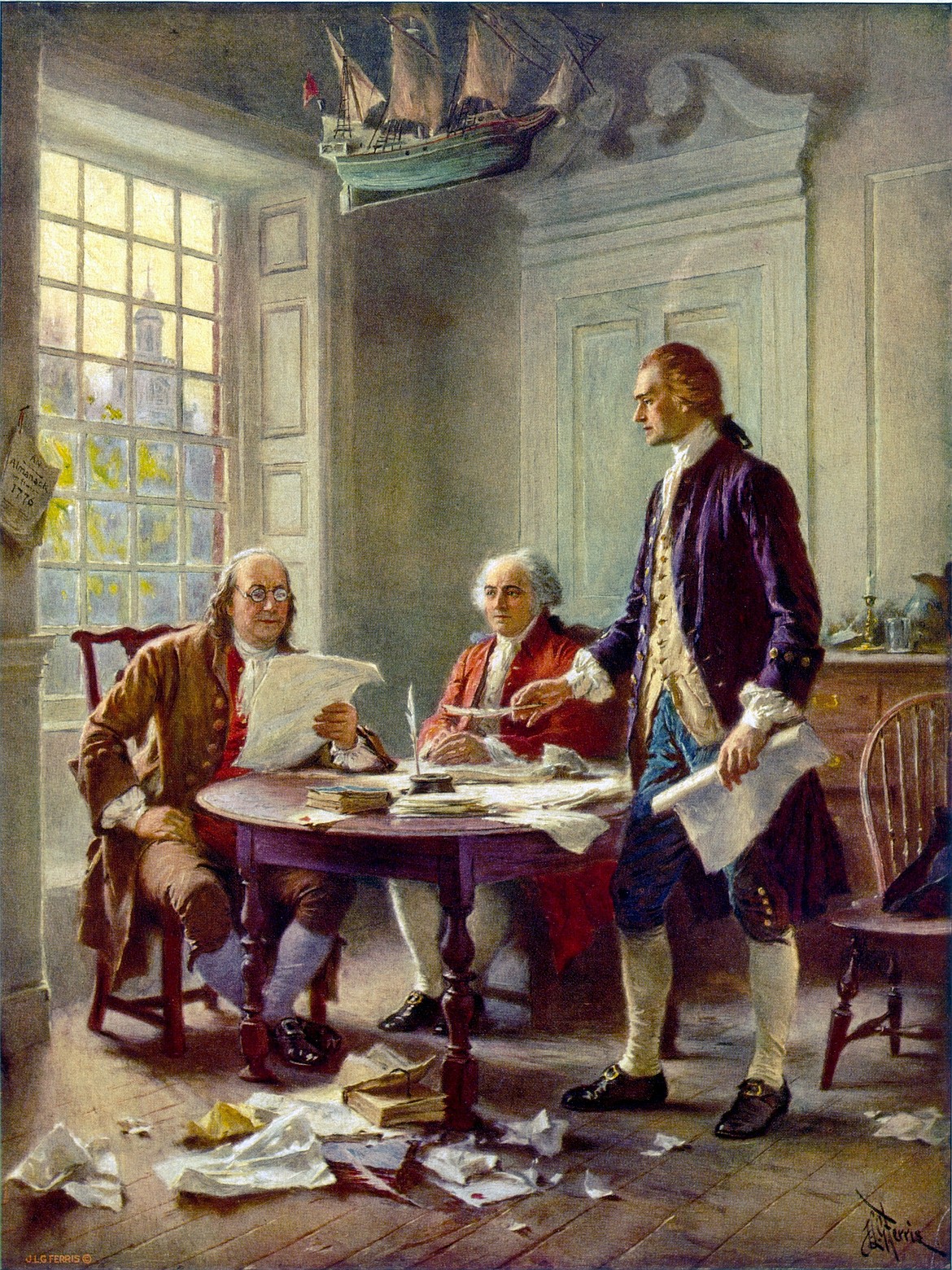 Painting by Jean Leon Gerome Ferris (1863-1935) of Founding Fathers Benjamin Franklin, John Adams and Thomas Jefferson writing the Declaration of Independence (1776), showing a model of the Pilgrim ship Mayflower overhead.