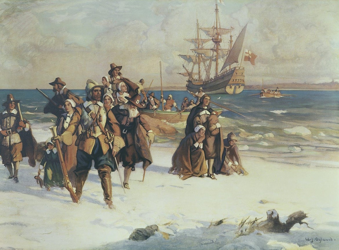 Pilgrims going ashore on Dec. 18, 1620, for the first time after signing the Mayflower Compact aboard the Mayflower anchored in Plymouth Harbor, Mass.