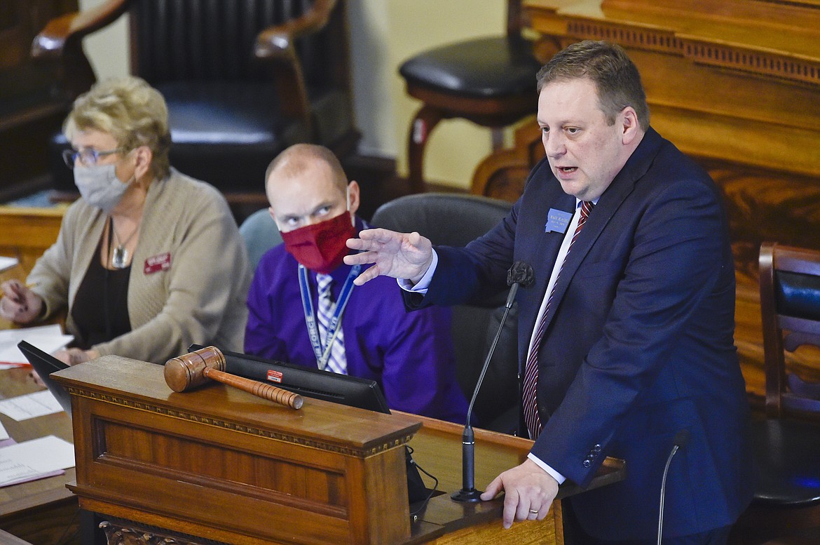 New Senate President, Sen. Mark Blasdel, R-Kalispell, closes the republican senate caucus meeting on Wednesday, Nov. 18, 2020 at the Montana State Capitol in Helena, Mont. (Thom Bridge/Independent Record via AP)