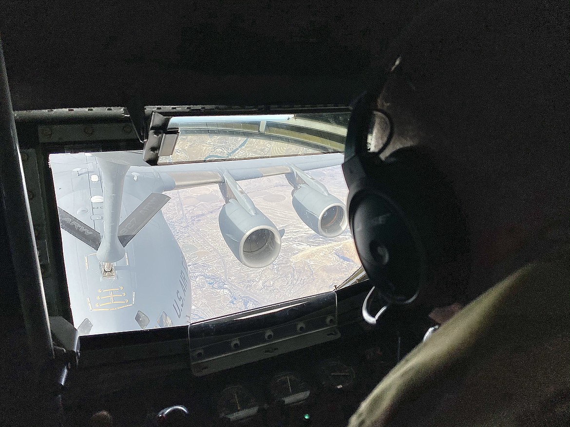 Master Sargent Steve Saunders manned the flying boom during Tuesday's KC-135 Stratotanker flight. KC-135s are the most common aircraft for aerial refueling, and heavily used by the 92nd Air Refueling Wing at the Fairchild Air Force Base. (MADISON HARDY/Press)