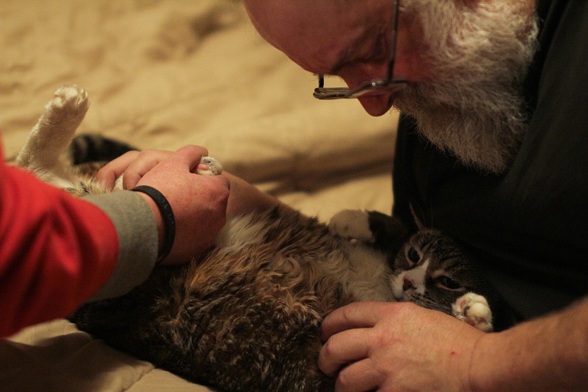 Doug Penrod holds Trouble the cat while Kendra Dodge examines him.