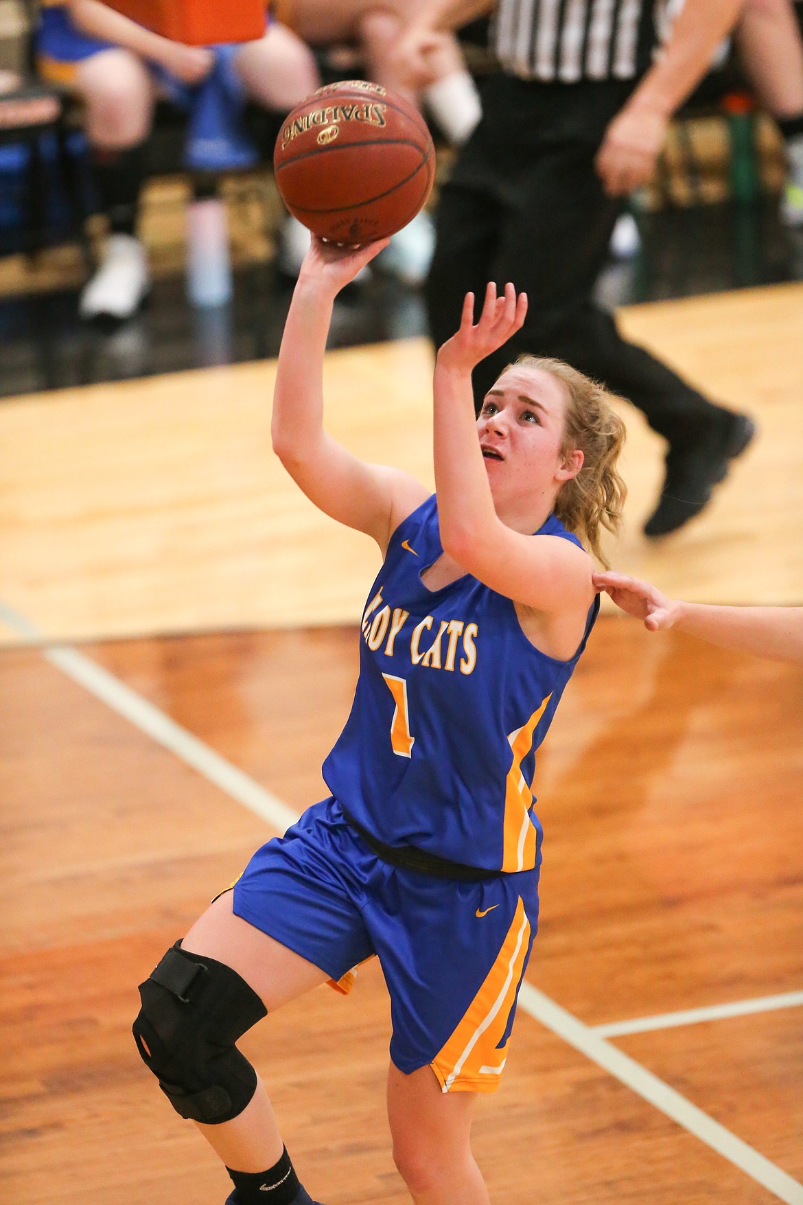 Katelyn Matteson rises for a shot during a game at Priest River last season. Matteson, who scored 32 points in the district final last year, will be key to the Lady Cats' success in the 2020-21 season.