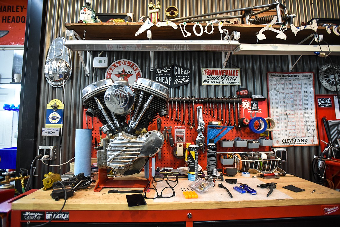 A motorcycle engine on a workstation in the shop at Vintage Technologies in Kalispell on Tuesday, Nov. 24. (Casey Kreider/Daily Inter Lake)