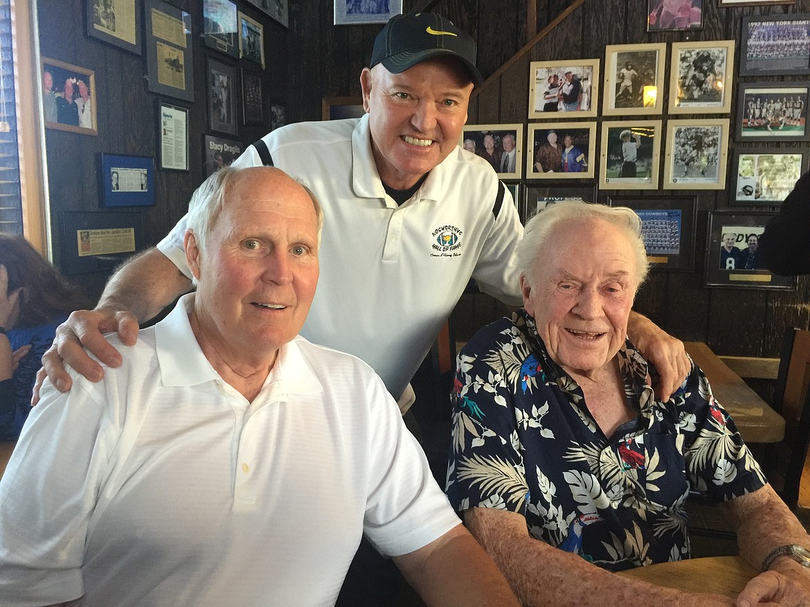 MARK NELKE/Press file
Dale Nosworthy, standing, with John Pease, left, and Jim Hanifan at Nosworthy’s Hall of Fame in June 2016.