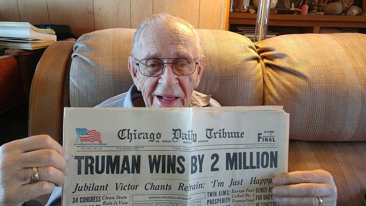 Robert Larsson, 91, of St. Ignatius submitted this photo of the copy of the Chicago Tribune he purchased for 4 cents on Nov. 4, 1948. The story reads: "In the most dramatic election in American history a landslide vote on Tuesday swept President Truman into office for another four years." The previous day, it was assumed that New York Gov. Thomas E. Dewey had won. By Thursday, Truman had been declared the winner. (Courtesy of Robert Larsson)