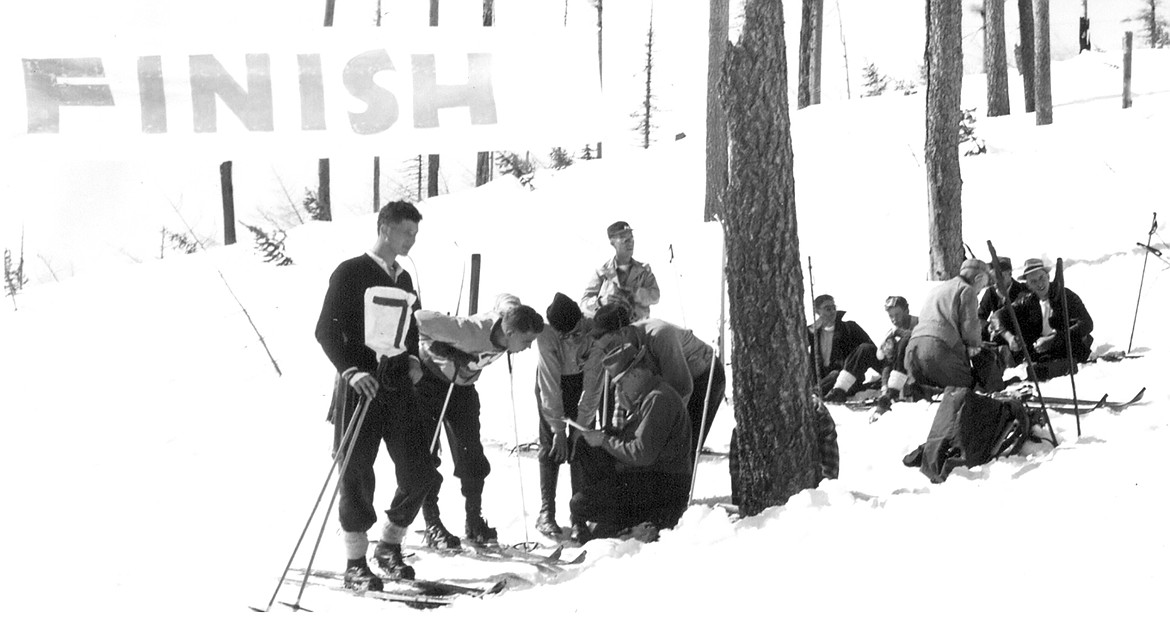 Competitors at the finish of the slalom race, 1939 Montana State High School Championships. (Photo courtesy Flathead Valley Ski Education Foundation)