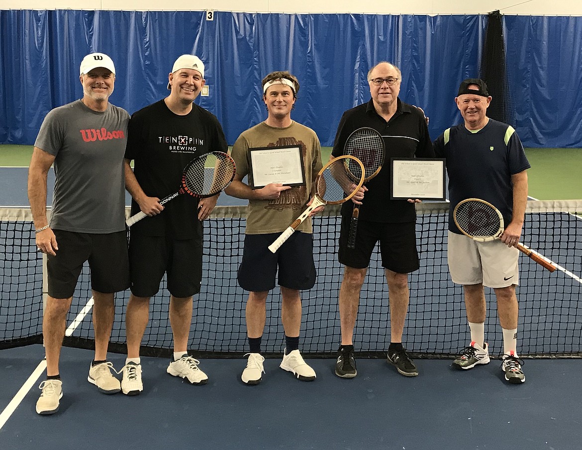 Courtesy photo
Corey DeLeonard, second from left, and Rob Larson won the men's doubles title at the recent "Old School is Good School Wood Classic" wood tennis tournament at Peak Health and Wellness in Hayden. Mark Jackson, second from right, and Tim Qualls were runners-up. At left is Steve Clark, director of tennis at Peak.