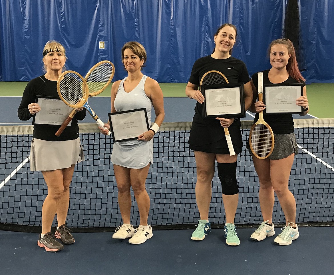 Courtesy photo
Dawnell Harames, second from right, and her daughter Kyra Harames won the women's doubles title at the recent "Old School is Good School Wood Classic" wood tennis tournament at Peak Health and Wellness in Hayden. Finalists were Laura Jordahl, left, and Lea Williams.