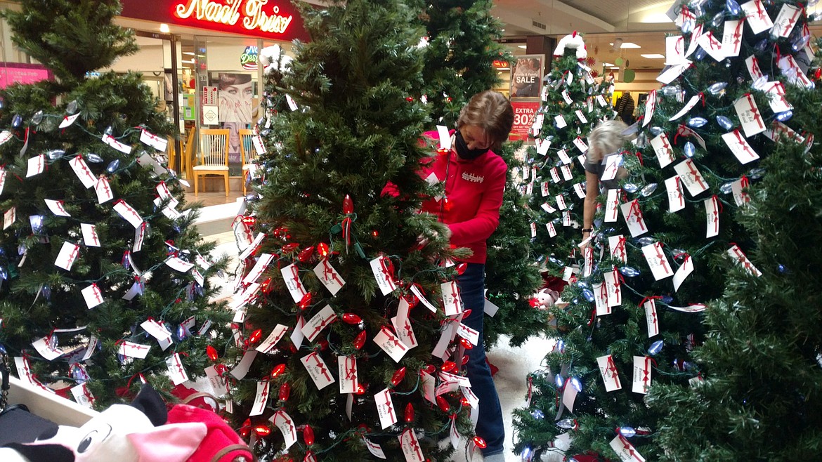 Kootenai Humane Society volunteer coordinator Kelly Gill on Wednesday morning strings red lights and name tags around a faux Christmas tree in the Lights of Love display in the Silver Lake Mall. For $10 a tag, people can honor their pets, past or present, while supporting shelter animals this holiday season.