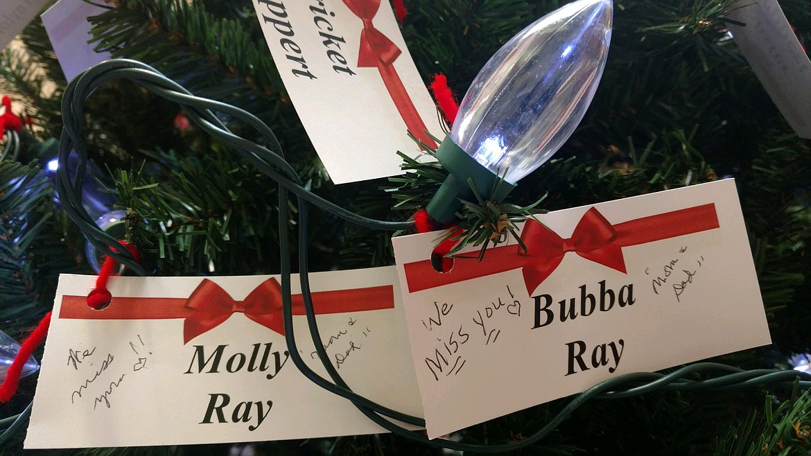 Molly Ray and Bubba Ray's "mom and dad" wrote loving messages on their white light tags in the Kootenai Humane Society's Lights of Love display in the Silver Lake Mall. The display honors past and present pets and will be up through the holidays.