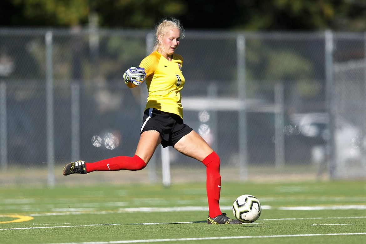 Senior goalkeeper Hattie Larson prepares to hit a kick downfield during a match against Lake City on Aug. 27 at War Memorial Field. Larson earned all-state honors for a third time.