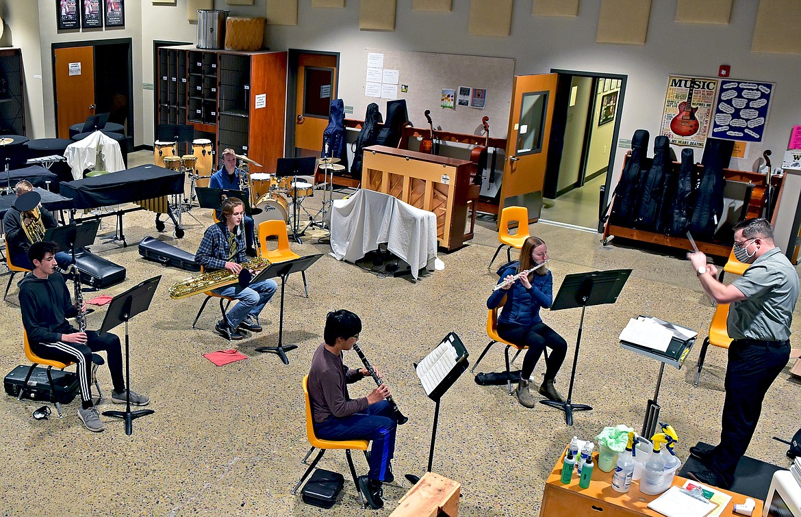 A Whitefish High School band class practices while social distancing Monday, Nov. 23. (Whitney England/Whitefish Pilot)