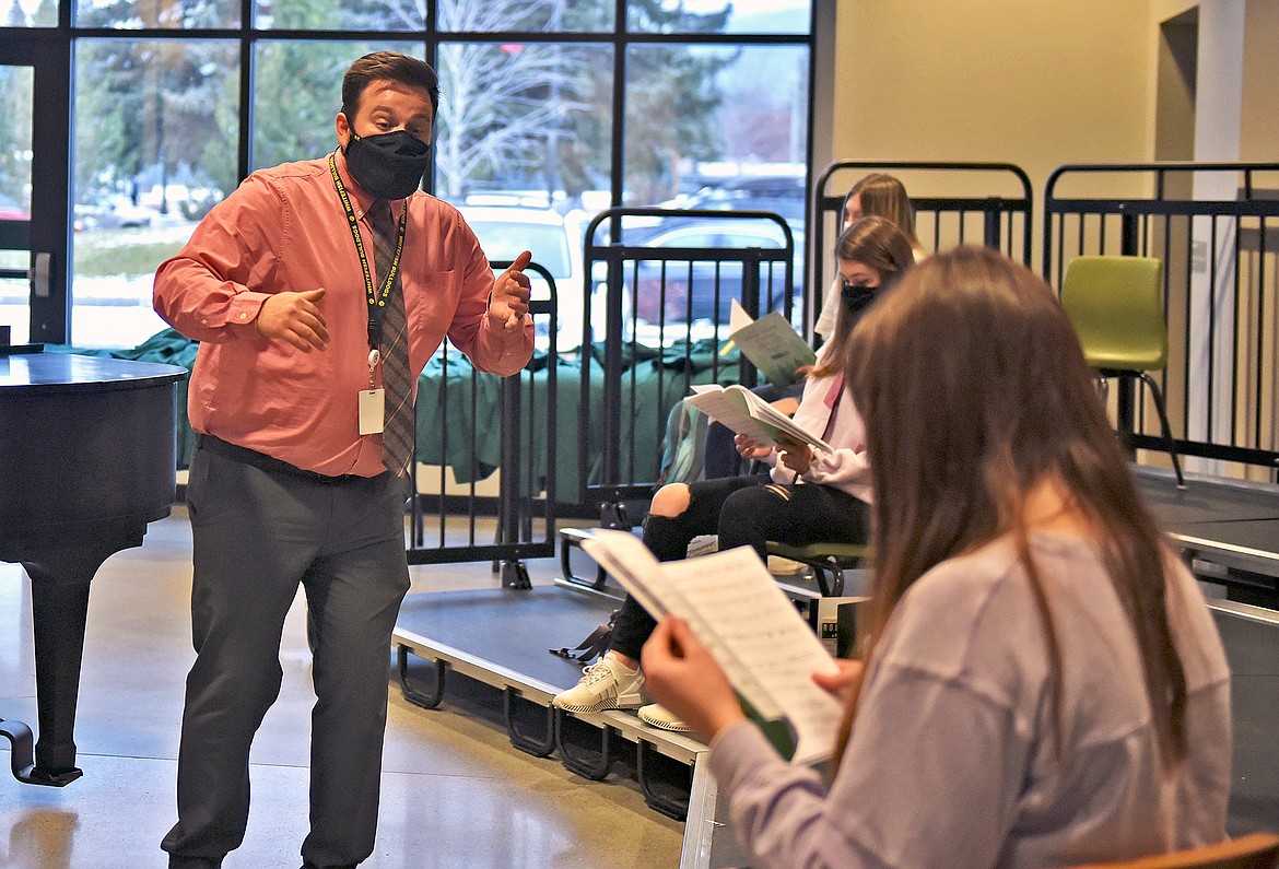 Whitefish High School Choir Director Sky Thoreson works with his students during class Monday, Nov. 23. (Whitney England/Whitefish Pilot)