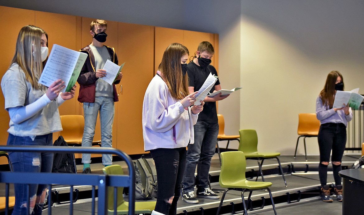 Choir students work on a musical number during a socially-distanced class at Whitefish High School Monday, Nov. 23. (Whitney England/Whitefish Pilot)