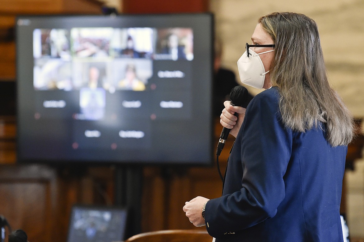 House Minority Leader Kim Abbott, D-Helena, speaks during a meeting of the Joint Rules Committee on Monday, Dec. 7, 2020, on the House floor of the Montana State Capitol, in Helena, Mont. (Thom Bridge/Independent Record via AP)