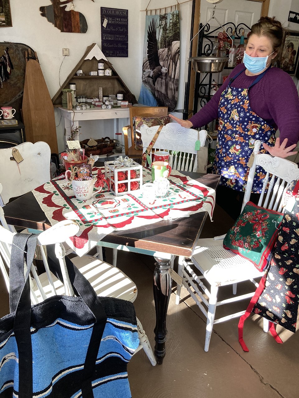 Table and chairs redone by Saturday Morning Treasures, topped by a table scarf sewn on an antique treadle machine by Barbara Coulson of Ye Olde Treadle Shoppe. (Carolyn Hidy/Lake County Leader)