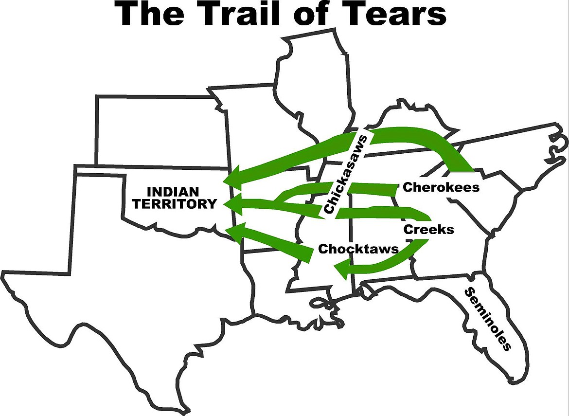 Trail of Tears — an unhappy legacy of President Andrew Jackson — shown on this map, which should include the sea route from Florida to New Orleans for relocated Seminoles.