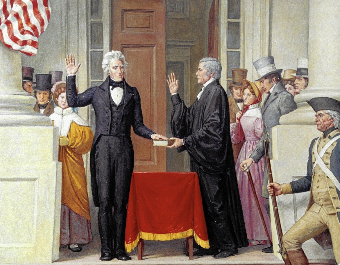 Andrew Jackson being sworn in by Chief Justice John Marshall as the seventh U.S. president on March 4, 1829.